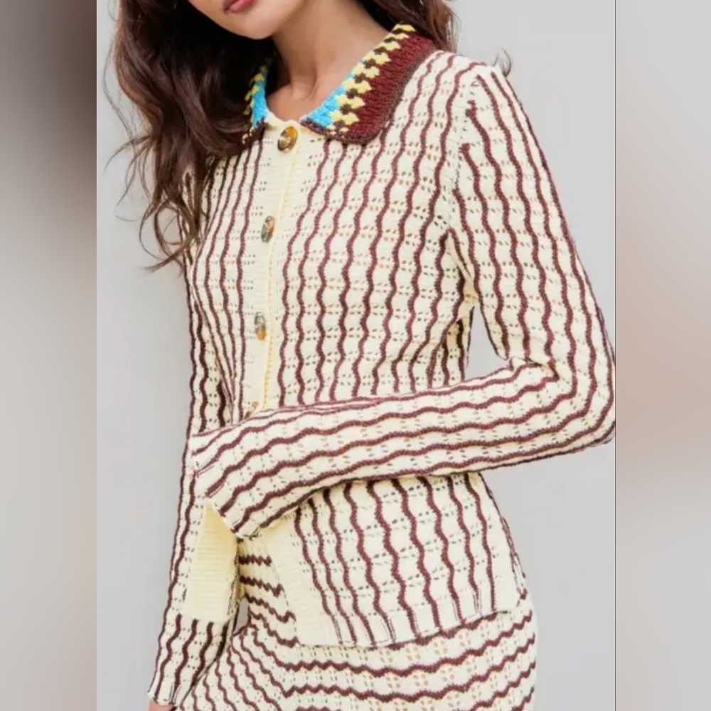 Cider Knit Contrasting Stripe‎ Hollow Out Button Front Cardigan Size 1X Boho